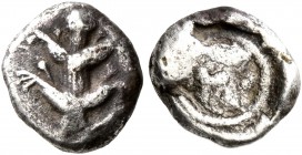 KYRENAICA. Kyrene. Circa 480-435 BC. Obol (Silver, 8 mm, 0.60 g, 10 h), Asiatic standard. Silphium plant with fruits. Rev. Bearded head of Zeus-Ammon ...