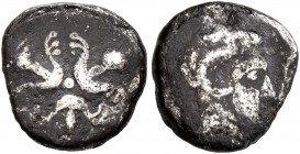 KYRENAICA. Kyrene. Circa 435-331 BC. Trihemiobol (?) (Silver, 10 mm, 0.82 g), Asiatic standard. Triple silphium fruit. Rev. Bearded head of Zeus-Ammon...