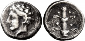 KYRENAICA. Kyrene. Circa 375-305 BC. Drachm (Silver, 14 mm, 3.03 g, 10 h), Asiatic standard. Head of Karneios to left, with a ram's horn over his ear;...