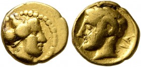 KYRENAICA. Kyrene. Circa 331-322 BC. Obol (Gold, 7 mm, 0.78 g, 6 h), Attic standard. Head of the nymph Kyrene (?) to right. Rev. IA Head of the youthf...