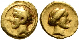 KYRENAICA. Kyrene. Circa 331-322 BC. Obol (Gold, 8 mm, 0.88 g, 7 h), Attic standard. ΘE-Y Head of the youthful Karneios to left, with a ram's horn ove...