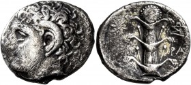 KYRENAICA. Kyrene. Circa 308-277 BC. Didrachm (Silver, 22 mm, 7.06 g, 1 h). Head of Karneios to left, with a ram's horn over his ear. Rev. KY-PA Silph...