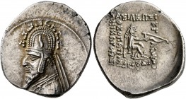 KINGS OF PARTHIA. Sinatrukes, 93/2-70/69 BC. Drachm (Silver, 20 mm, 4.15 g, 12 h), Rhagai. Diademed and draped bust of Sinatrukes to left, wearing tia...