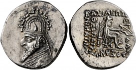 KINGS OF PARTHIA. Sinatrukes, 93/2-70/69 BC. Drachm (Silver, 19 mm, 4.01 g, 1 h), Rhagai. Diademed and draped bust of Sinatrukes to left, wearing tiar...