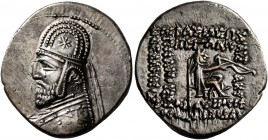 KINGS OF PARTHIA. Mithradates III, circa 87-79 BC. Drachm (Silver, 20 mm, 4.01 g, 12 h), Rhagai. Diademed and draped bust of Mithradates III to left, ...