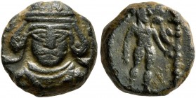 KINGS OF PARTHIA. Meherdates, Usurper, 49/50. Chalkous (Bronze, 10 mm, 1.62 g, 12 h), Ekbatana. Diademed facing bust. Rev. Male deity, holding eagle i...