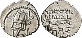 KINGS OF PARTHIA. Vologases VI, circa 208-228. Drachm (Silver, 20 mm, 3.51 g, 11 h), Ekbatana. Diademed and draped bust of Vologases VI to left, weari...