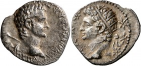 CRETE. Koinon of Crete. Gaius (Caligula), with Divus Augustus , 37-41. Drachm (Silver, 17 mm, 2.39 g, 1 h). Γ KAIΣAP ΣEB ΓEP APX MEΓ ΔHM EΞOY YΠA Bare...