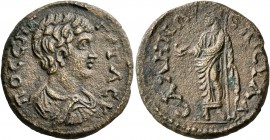 LYDIA. Sala. Geta , as Caesar, 198-209. Assarion (Orichalcum, 22 mm, 8.24 g, 6 h), Ae. Sylla, magistrate. ΠO CЄΠT ΓЄTAC K Bareheaded, draped and cuira...