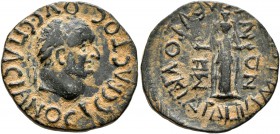 CARIA. Cidramus. Vespasian , 69-79. Hemiassarion (Bronze, 19 mm, 4.06 g, 12 h), Pamphilios, son of Seleukos, magistrate. OVЄCΠACIANOC CЄBACTOC Laureat...