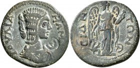 PAMPHYLIA. Side. Julia Mamaea , Augusta, 222-235. Tetrassarion (Bronze, 31 mm, 14.40 g, 12 h). IOYΛIA MAM[ЄAC] Draped bust of Julia Mamaea to right; t...