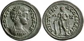 CILICIA. Isaura. Geta , as Caesar, 198-209. Assarion (Bronze, 21 mm, 4.38 g, 6 h). ΠO CЄΠ ΓЄTAC K• Bare-headed and cuirassed bust of Geta to right. Re...