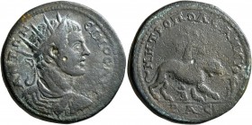 GALATIA. Ancyra. Caracalla , 198-217. Tetrassarion (Orichalcum, 30 mm, 18.60 g, 1 h). ANTΩNЄINOC AYΓ Radiate, draped and cuirassed bust of Caracalla t...