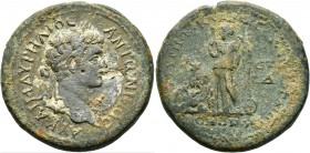 CAPPADOCIA. Caesaraea-Eusebia. Caracalla , 198-217. Tetrassarion (Bronze, 31 mm, 19.49 g, 12 h), Homonoia with Smyrna, RY 14 = 205/6 AD. AY KAI M AYPH...