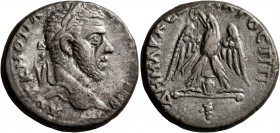 JUDAEA. Aelia Capitolina (Jerusalem). Macrinus , 217-218. Tetradrachm (Silver, 25 mm, 14.09 g, 1 h). AYT K M ΟΠΛ [MAKPINO] CEB Laureate head of Macrin...