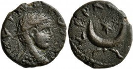 MESOPOTAMIA. Carrhae. Elagabalus , 218-222. AE (Bronze, 15 mm, 2.59 g, 12 h). AYT ANTωNIN Radiate, draped and cuirassed bust of Elagabalus to right, s...