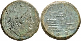 Anonymous, circa 217-215 BC. Sextans (Bronze, 31 mm, 29.21 g, 3 h), Rome. Head of Mercury to right, wearing winged petasus. Rev. ROMA Prow to right wi...