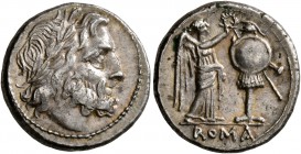Anonymous, circa 211-208 BC. Victoriatus (Silver, 16 mm, 3.33 g, 4 h), uncertain mint in Sicily. Laureate head of Jupiter to right. Rev. ROMA Victory ...