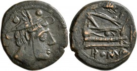 Anonymous, circa 207-206 BC. Sextans (Bronze, 20 mm, 5.18 g, 1 h), uncertain mint in Sicily. Head of Mercury right, wearing winged petasus; above, two...