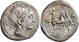 Appius Claudius Pulcher, T. Manlius Mancius and Q. Urbinius, 111-110 BC. Denarius (Silver, 18 mm, 3.68 g, 5 h), Rome. Head of Roma to right, wearing w...