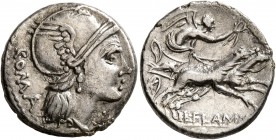 L. Flaminius Chilo, 109-108 BC. Denarius (Silver, 18 mm, 3.78 g, 4 h), Rome. ROMA Head of Roma to right, wearing winged helmet; before, X. Rev. L•FLAM...