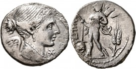 L. Valerius Flaccus, 108-107 BC. Denarius (Silver, 19 mm, 3.82 g, 4 h), Rome. Draped bust of Victory to right; before, ✱. Rev. L•VALERI / [FLACCI] Mar...