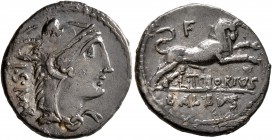 L. Thorius Balbus, 105 BC. Denarius (Silver, 19 mm, 3.61 g, 7 h), Rome. I•S•M•R Head of Juno Sospita to right, wearing goat's skin. Rev. F / L•THORIVS...