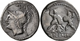 Q. Thermus M.f, 103 BC. Denarius (Silver, 20 mm, 3.77 g, 1 h), Rome. Helmeted head of Mars to left. Rev. Q•THERM•M F Two warriors fighting, each armed...