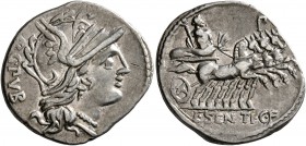 L. Sentius C.f, 101 BC. Denarius (Silver, 21 mm, 3.90 g, 6 h), Rome. AR G•PVB Helmeted head of Roma to right. Rev. L•SENTI•C•F Jupiter driving quadrig...