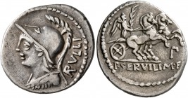 P. Servilius M.f. Rullus, 100 BC. Denarius (Silver, 21 mm, 3.88 g, 12 h), Rome. RVLLI Helmeted bust of Minerva to left, wearing aegis. Rev. P•SERVILLI...