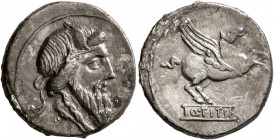 Q. Titius, 90 BC. Denarius (Silver, 17 mm, 3.61 g, 7 h), Rome. Head of Mutinus Titinus to right, wearing winged diadem. Rev. Q•TITI in linear frame be...
