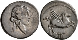 Q. Titius, 90 BC. Denarius (Silver, 18 mm, 3.73 g, 5 h). Head of Bacchus to right, wearing wreath of ivy. Rev. Q TITI in linear frame below pegasus to...