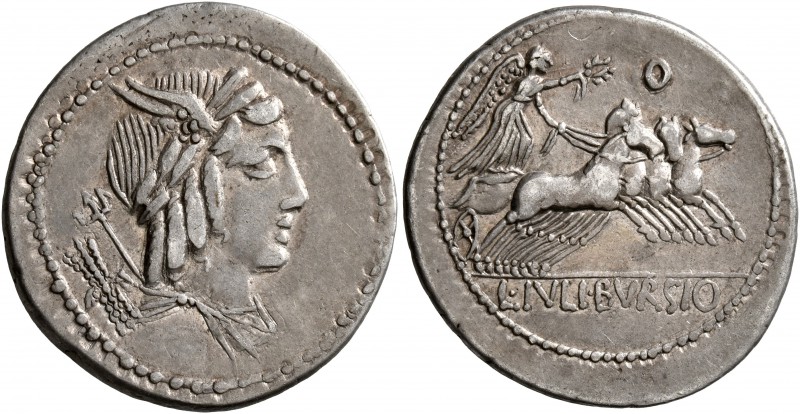 L. Julius Bursio, 85 BC. Denarius (Silver, 21 mm, 3.90 g, 7 h), Rome. Laureate, ...