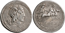 L. Julius Bursio, 85 BC. Denarius (Silver, 21 mm, 3.90 g, 7 h), Rome. Laureate, winged, and draped bust of Apollo Vejovis right; to left, trident abov...