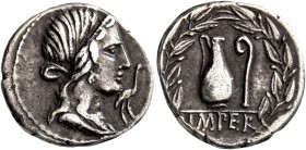 Q. Caecilius Metellus Pius, 81 BC. Denarius (Silver, 18 mm, 3.07 g, 11 h), Rome. Diademed head of Pietas to right; before, stork. Rev. IMPER Jug and l...