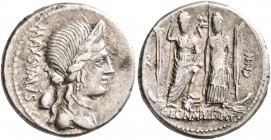 Cn. Egnatius Cn.f. Cn.n. Maxsumus, 76 BC. Denarius (Silver, 18 mm, 3.92 g, 10 h), Rome. MAXSVMVS Diademed and draped bust of Libertas to right, wearin...