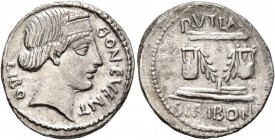 L. Scribonius Libo, 62 BC. Denarius (Silver, 19 mm, 3.54 g, 7 h), Rome. BON•EVENT - LIBO Diademed head of Bonus Eventus to right. Rev. PVTEAL - SCRIBO...