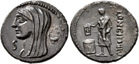 L. Cassius Longinus, 60 BC. Denarius (Silver, 20 mm, 3.42 g, 7 h), Rome. Veiled and diademed head of Vesta to left; to right, two-handled cup; to left...