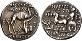 M. Aemilius Scaurus and Pub. Plautius Hypsaeus, 58 BC. Denarius (Silver, 16 mm, 3.80 g, 7 h), Rome. M•SCAVR / AED•CVR / S•[C] / [R]EX•ARETAS Nabatean ...