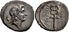 M. Plaetorius M.f. Cestianus, 57 BC. Denarius (Silver, 18 mm, 3.47 g, 6 h), Rome. Youthful male head to right; behind, animal leg. Rev. M•PLAETORI - C...