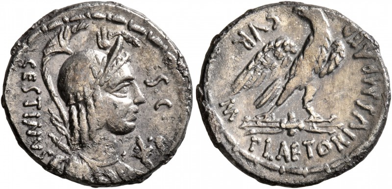 M. Plaetorius M.f. Cestianus, 57 BC. Denarius (Silver, 18 mm, 3.76 g, 6 h), Rome...
