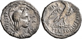 M. Plaetorius M.f. Cestianus, 57 BC. Denarius (Silver, 18 mm, 3.76 g, 6 h), Rome. CESTIANVS - S•C Winged bust of Vacuna to right, wearing crested and ...