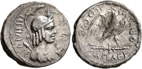 M. Plaetorius M.f. Cestianus, 57 BC. Denarius (Silver, 19 mm, 3.78 g, 8 h), Rome. CESTIANVS - S•C Winged bust of Vacuna to right, wearing crested and ...