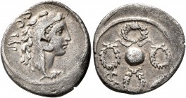 Faustus Cornelius Sulla, 56 BC. Denarius (Silver, 20 mm, 3.78 g, 4 h), Rome. S•C Head of Hercules to right, wearing lion skin headdress; behind, monog...