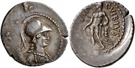 C. Vibius Varus, 42 BC. Denarius (Silver, 20 mm, 3.77 g, 7 h), Rome. Head of Minerva to right, wearing crested Corinthian helmet and aegis. Rev. C•VIB...