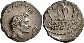Sextus Pompey, † 35 BC. Denarius (Silver, 18 mm, 3.74 g, 9 h), military mint in Sicily, 37-36. [MAG•PI]VS•IMP•ITER Bare head of Cn. Pompeius Magnus to...