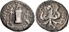 Sextus Pompey, † 35 BC. Denarius (Silver, 18 mm, 3.49 g, 4 h), military mint in Sicily, 37-36. MAG•PIVS•IMP•ITER The Pharos of Messana surmounted by a...