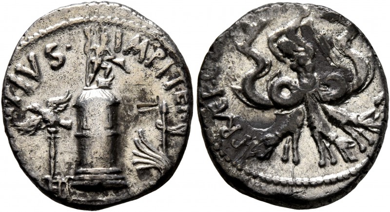 Sextus Pompey, † 35 BC. Denarius (Silver, 18 mm, 3.64 g, 12 h), military mint in...