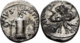 Sextus Pompey, † 35 BC. Denarius (Silver, 18 mm, 3.64 g, 12 h), military mint in Sicily, 37-36. [MAG•]PIVS•IMP•ITER The Pharos of Messana surmounted b...