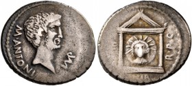 Mark Antony, 44-30 BC. Denarius (Silver, 19 mm, 3.56 g, 12 h), military mint moving with Antony in Greece, 42. M•ANTON - IMP Bare head of Mark Antony ...